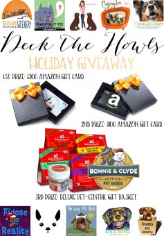 Deck the Howls Ebony Friday getaway Giveaway for Dog fans with awards such as Amazon present cards, Stella & Chewy's, FullBucket Probiotic Powder, and Bonnie & Clyde fish-oil